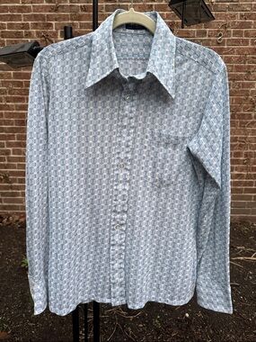 Vintage Men's Light Blue Geometric Button-Down Shirt